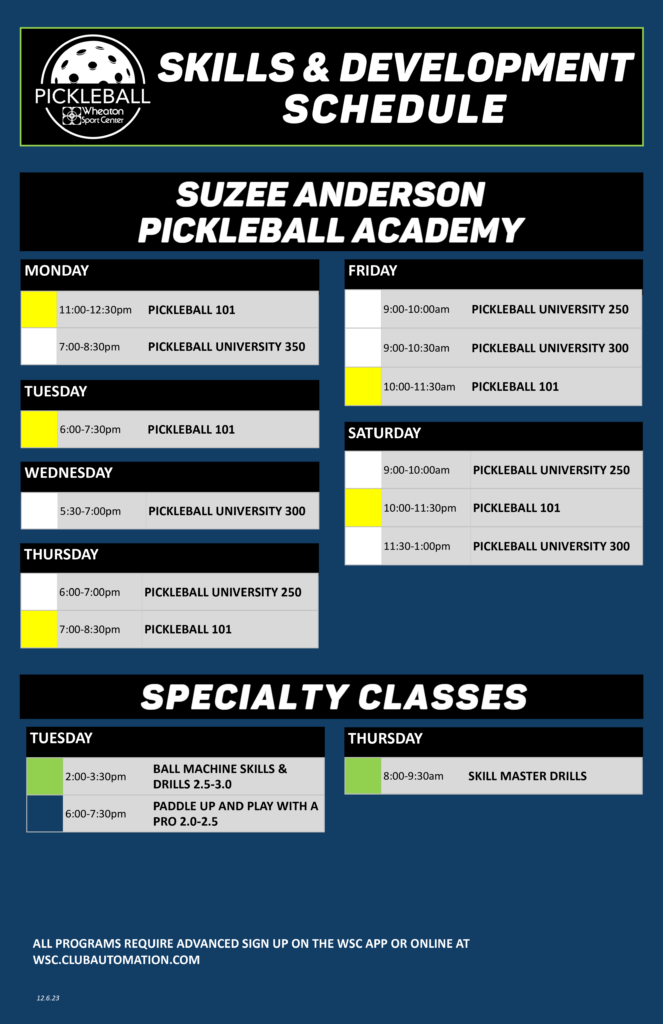 Wheaton Sport Center Pickleball Skills and Drills Specialty Classes WINTER 12.6