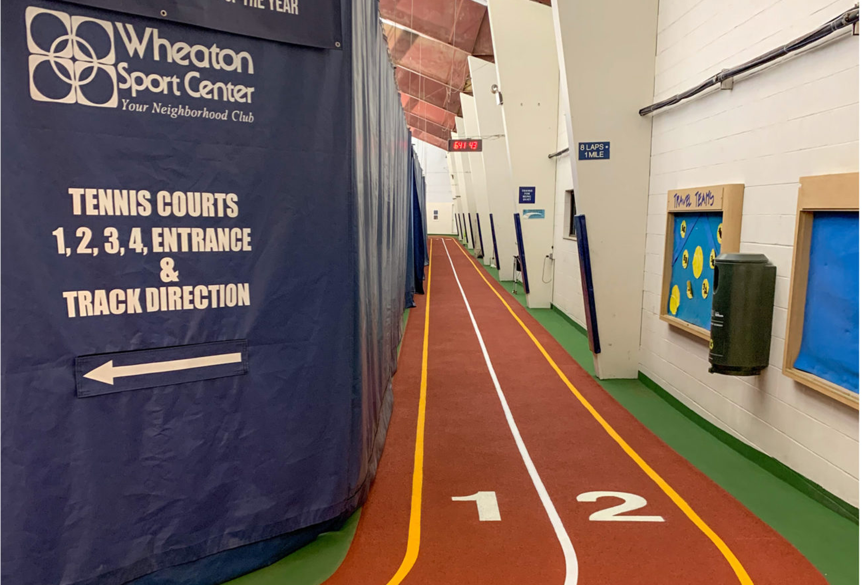 Wheaton Sport Center Indoor Track. 1.8 mile track. Run/walk all year indoors.