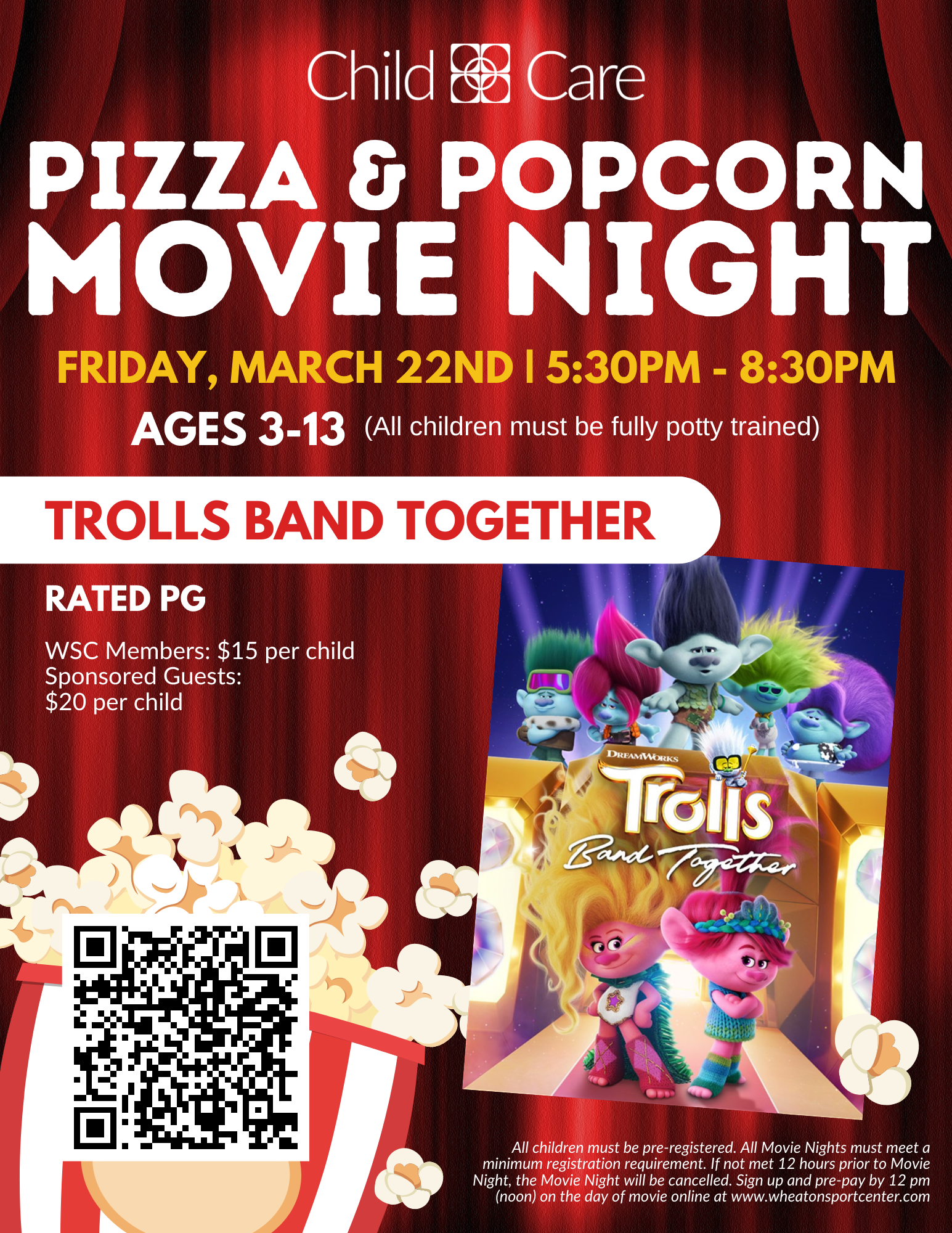 Wheaton Sport Center Child Care Movie Night, Friday March 22nd 5:30-8:30pm Trolls Band Together