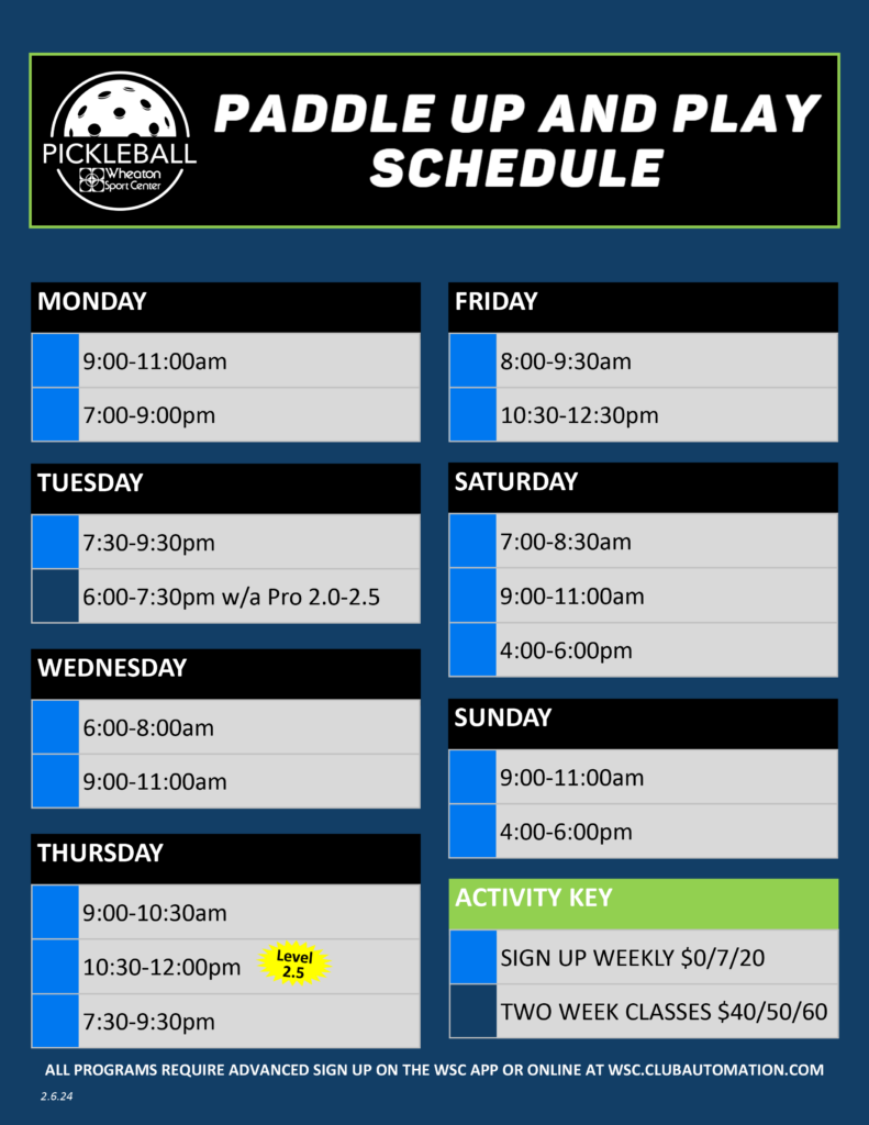 Wheaton Sport Center Pickleball Paddle Up and Play Schedule Winter 2.6