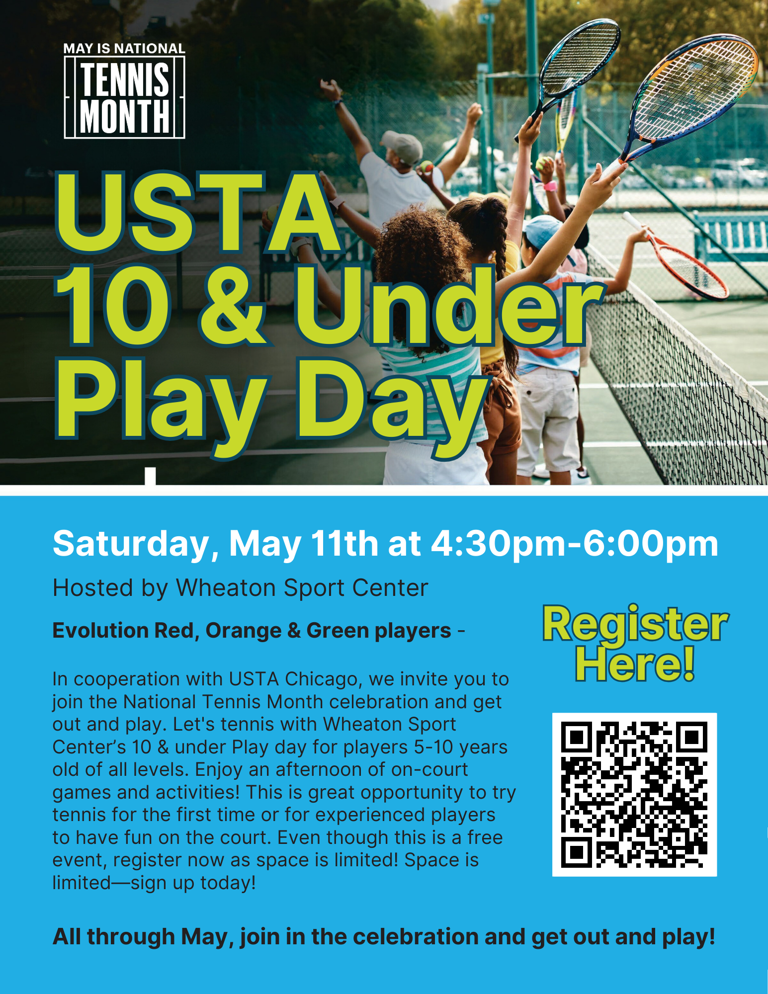 Wheaton Sport Center USTA 10 & Under Play Day May 11th 4:30-6pm