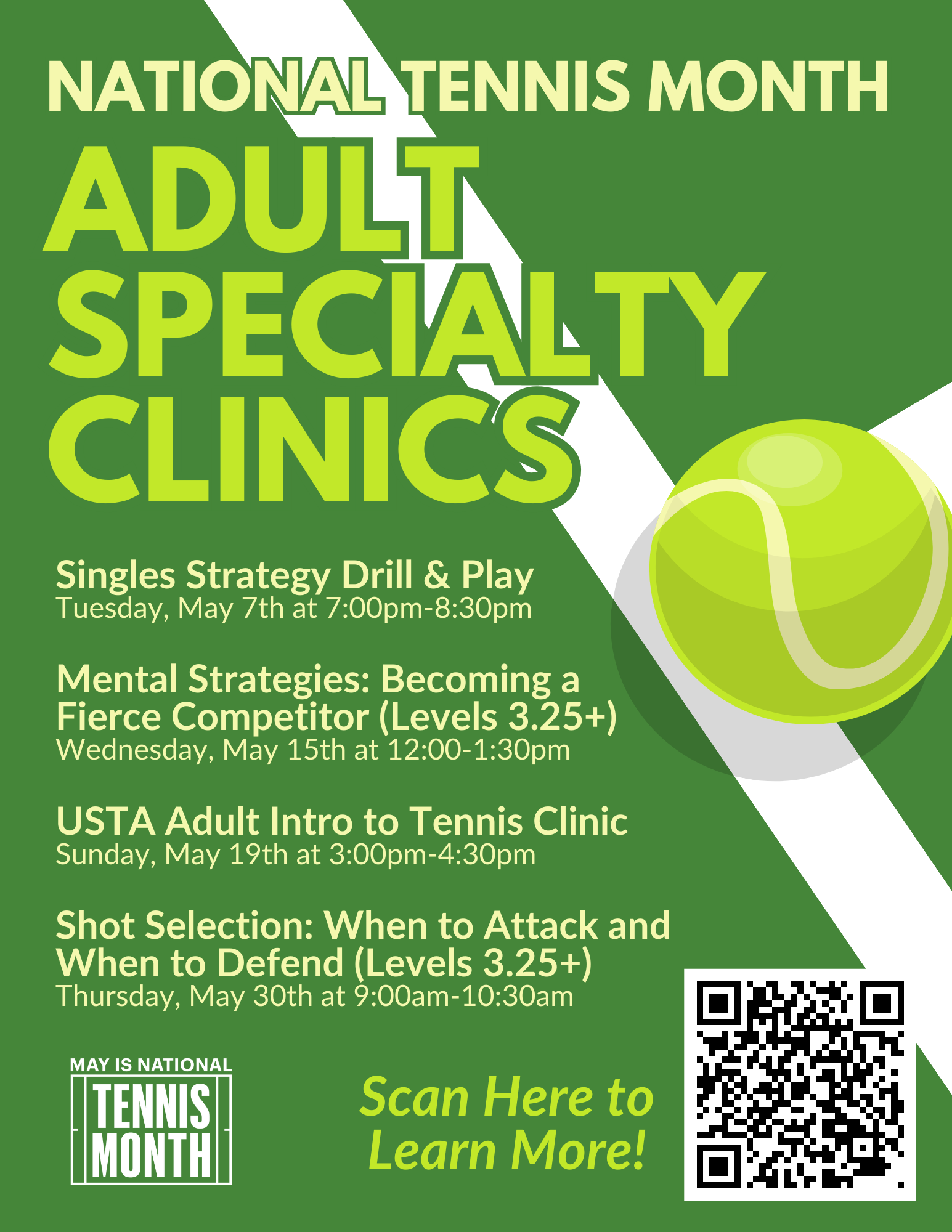 Wheaton Sport Center Adult Specialty Clinics, May is National Tennis Month