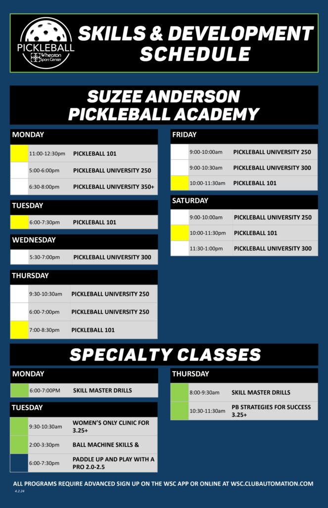Wheaton Sport Center Pickleball Skills and Drills Specialty Classes Spring