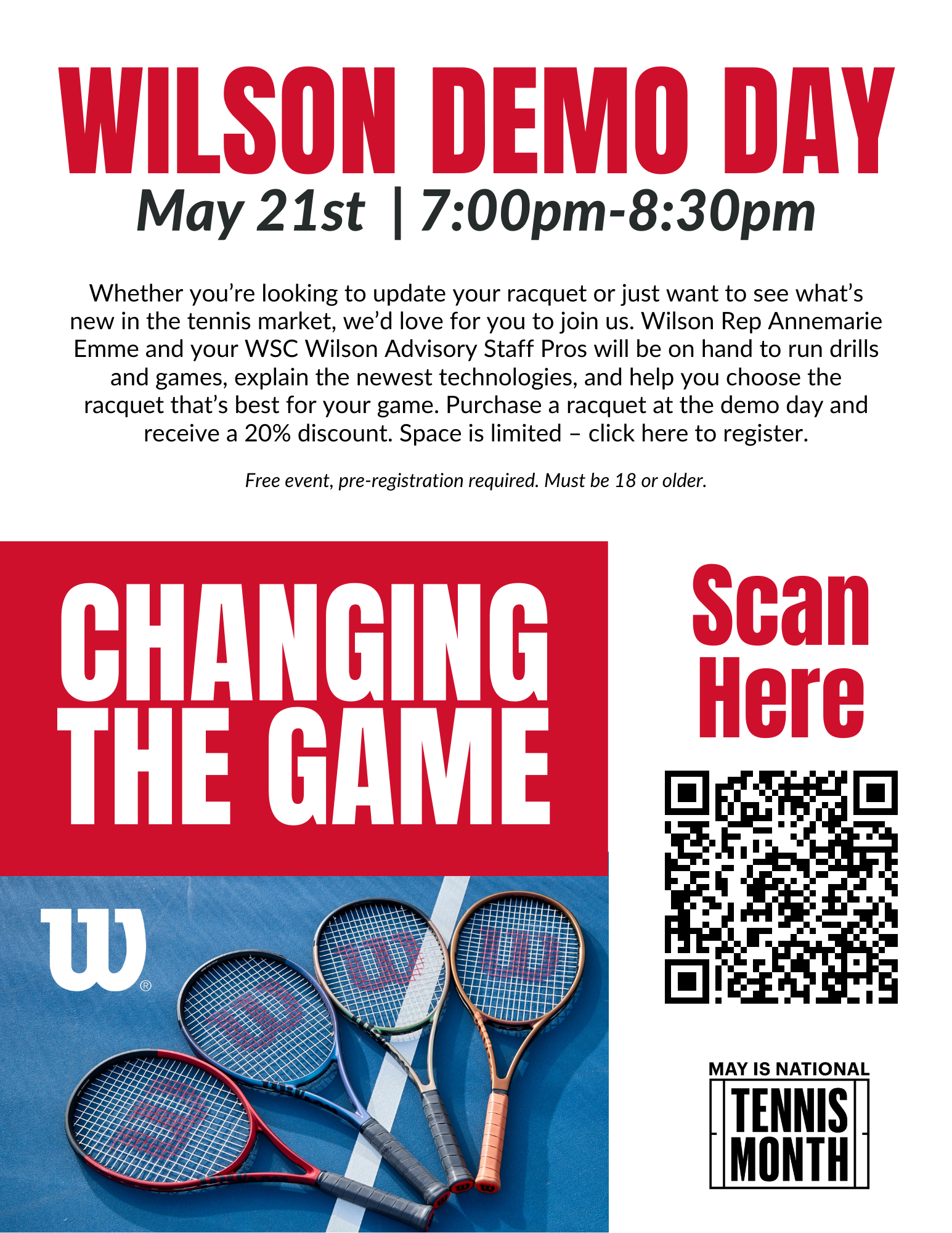 Wheaton Sport Center Wilson Demo Day, May 21st, 7-8:30pm
