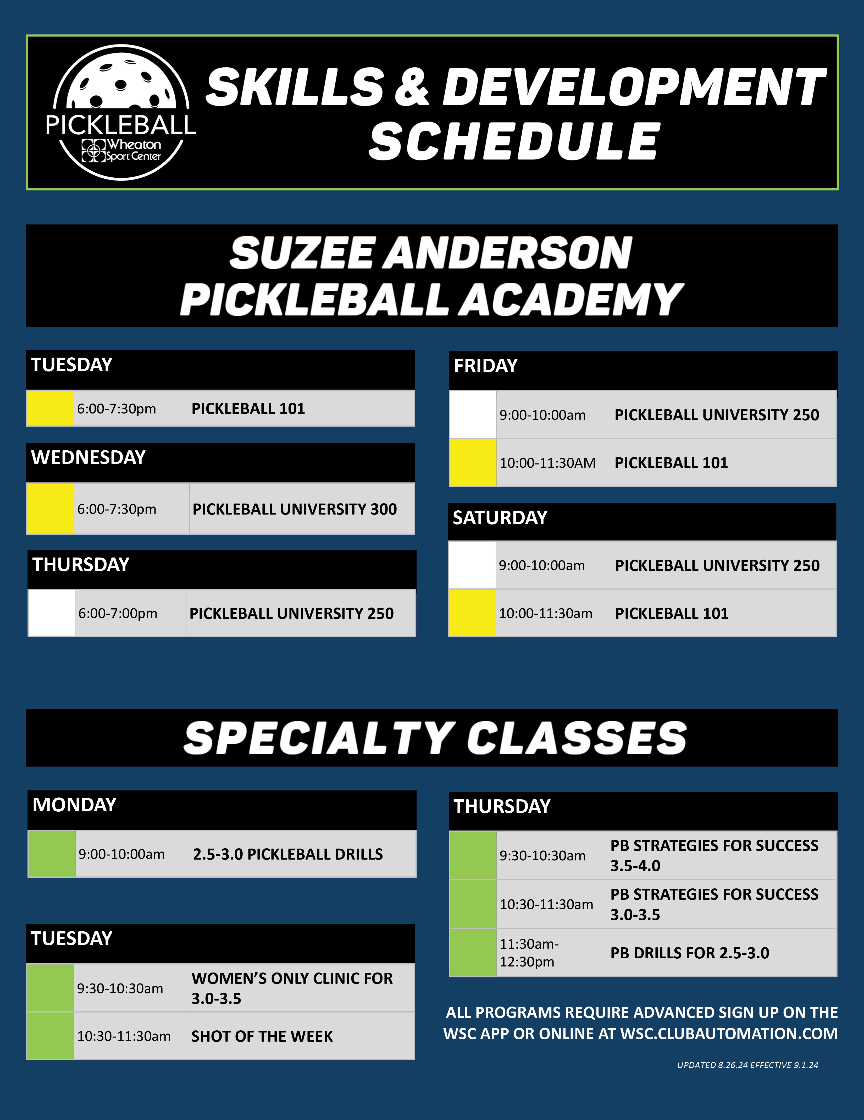 Wheaton Sport Center Pickleball Skills and Development Schedule Fall