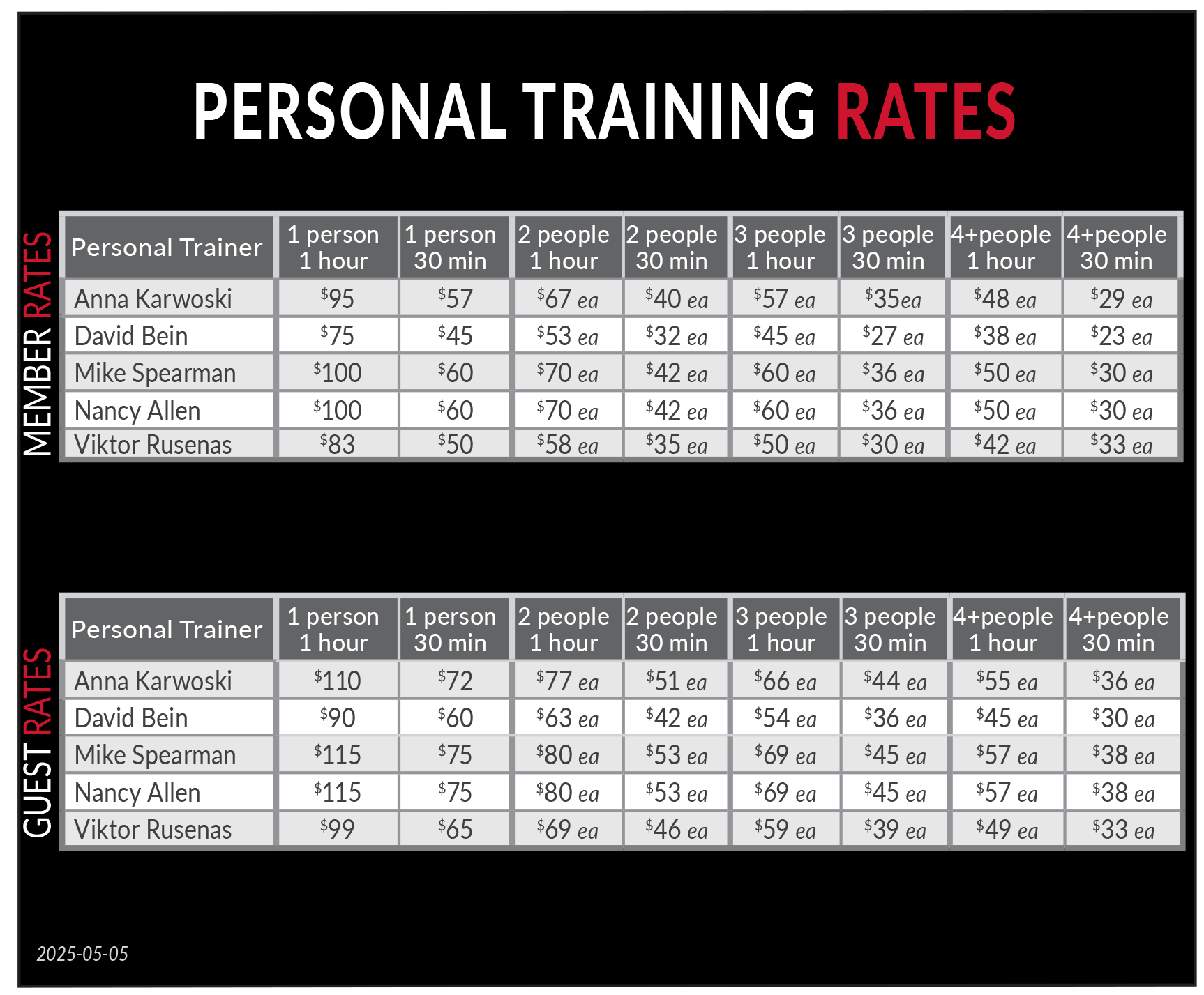 2025-04 Wheaton Sport Center Personal Training Rate Card
