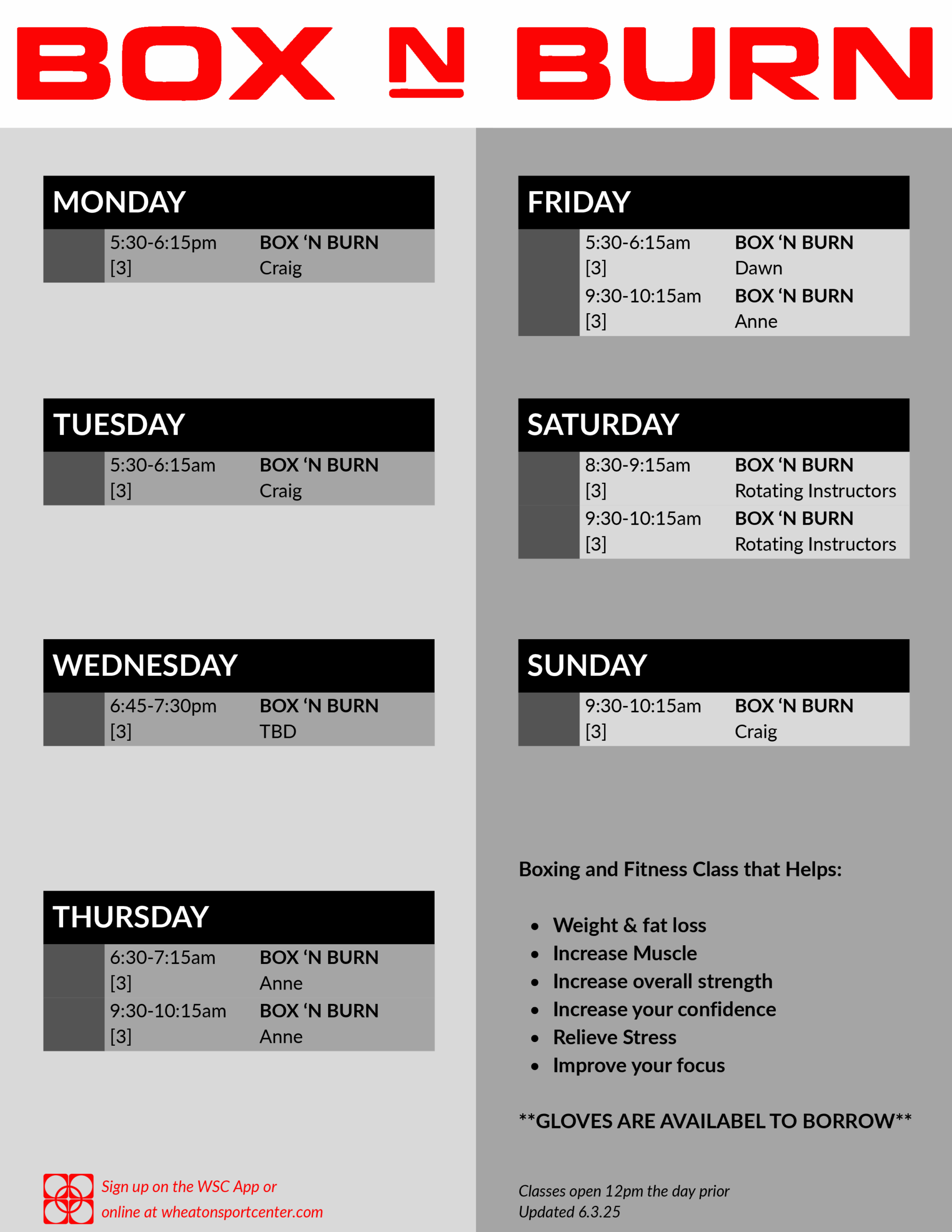 Wheaton Sport Center Box N Burn Schedule
