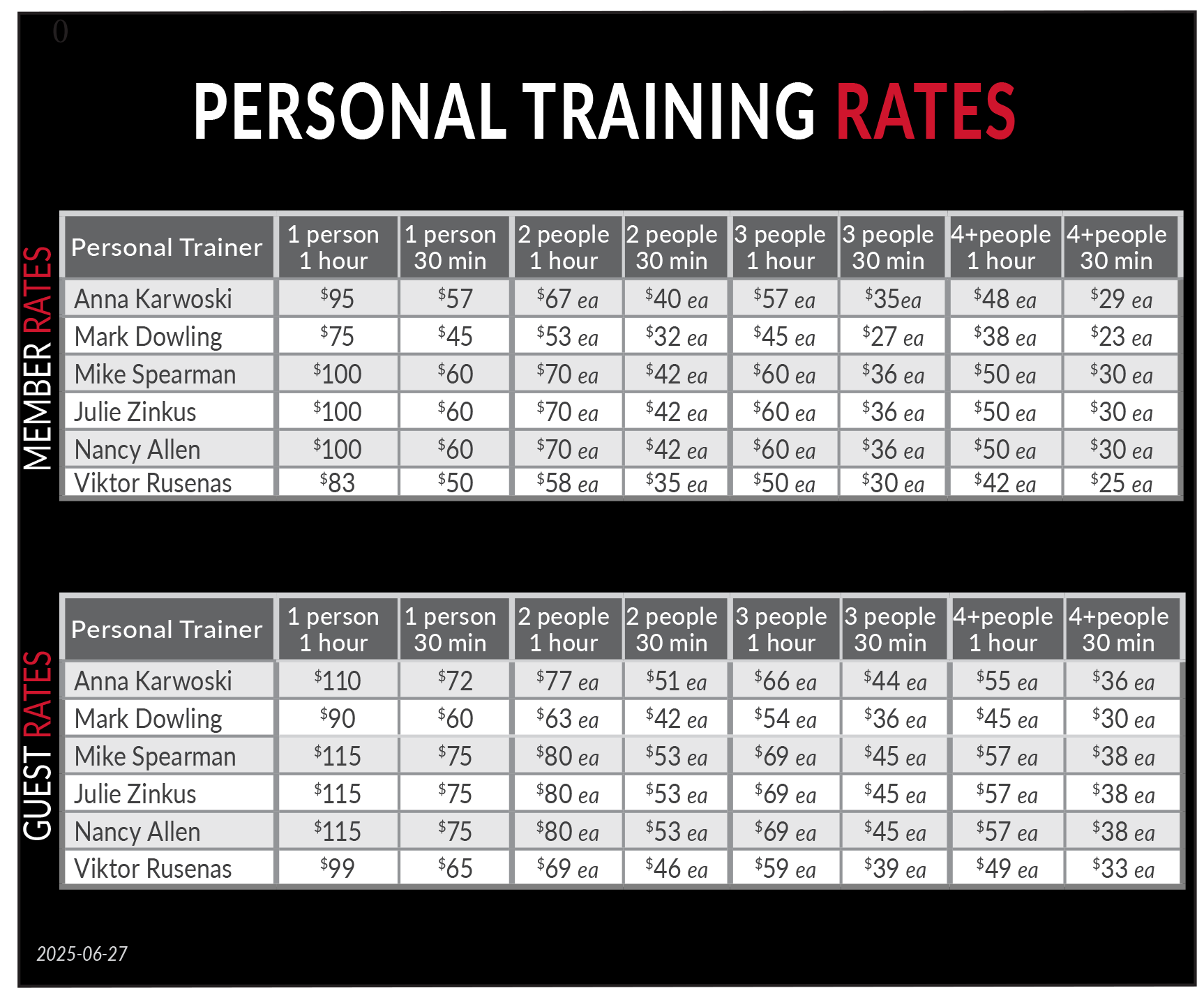 2025.06.27 Wheaton Sport Center Personal Training Rate Card
