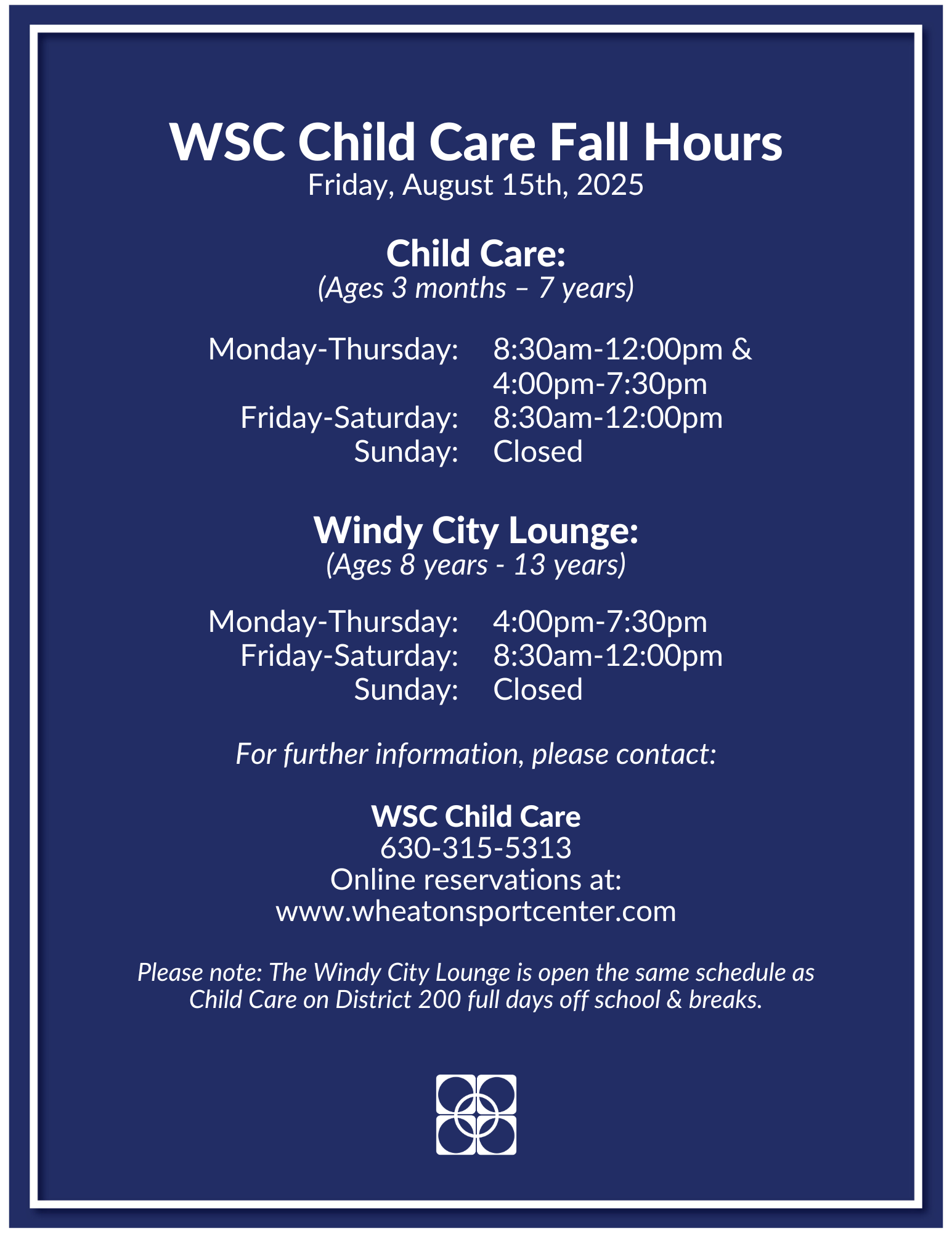 Wheaton Sport Center Child Care Fall 2025 Hours