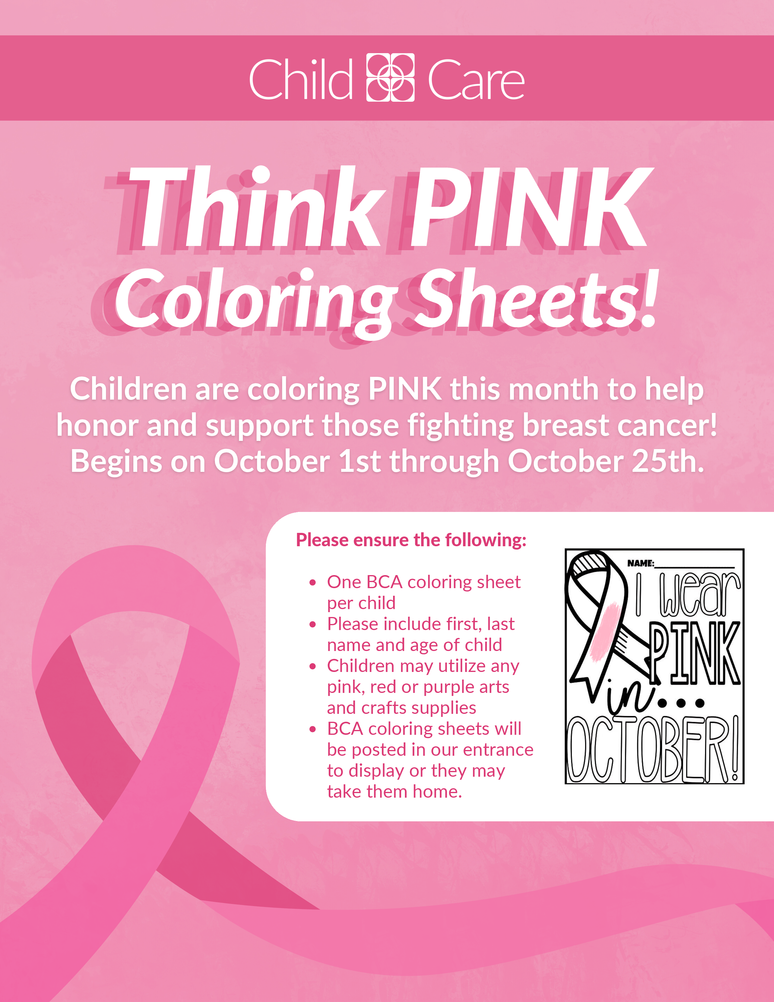 Wheaton Sport Center Child Care Think Pink Coloring Sheets