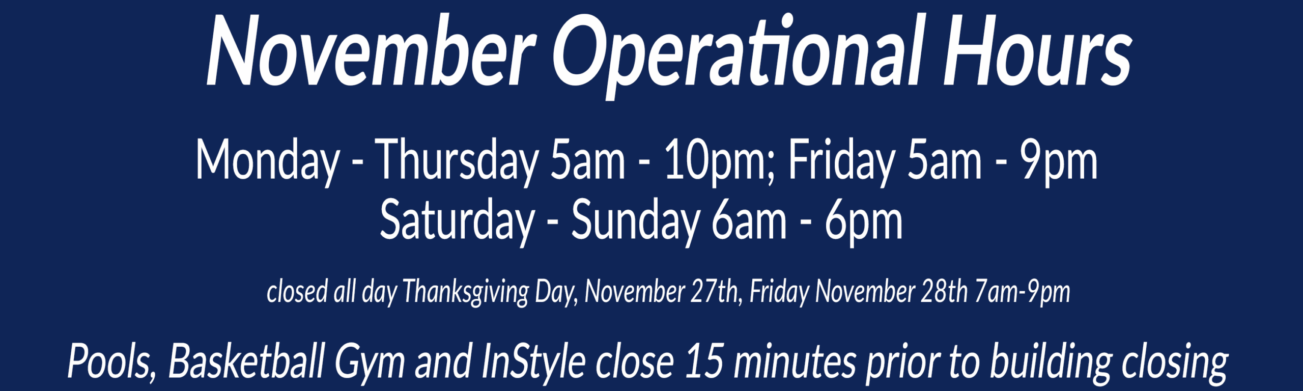 Wheaton Sport Center Monthly Club Operational Hours November 2025