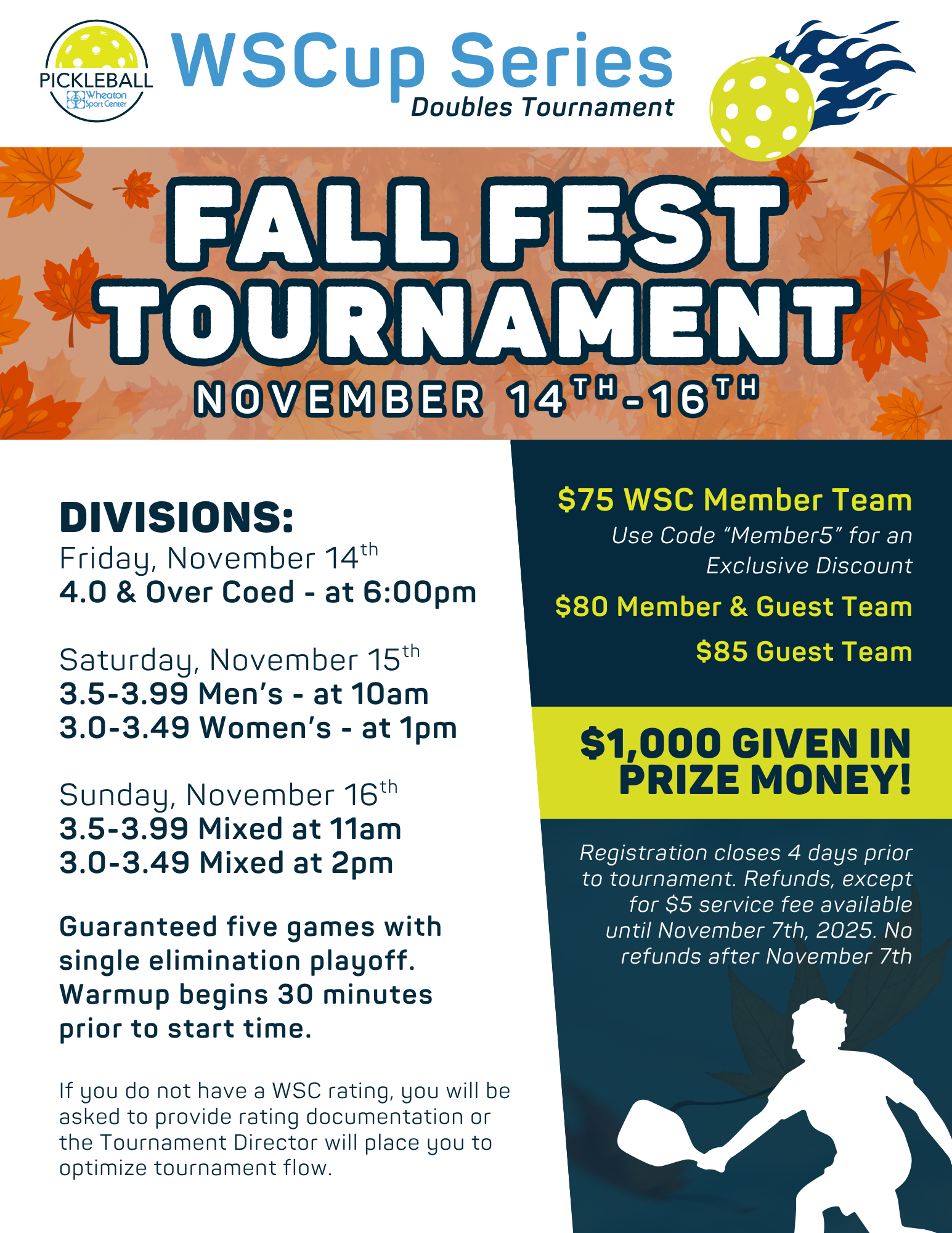 Wheaton Sport Center Pickleball Tournament Nov 14-16