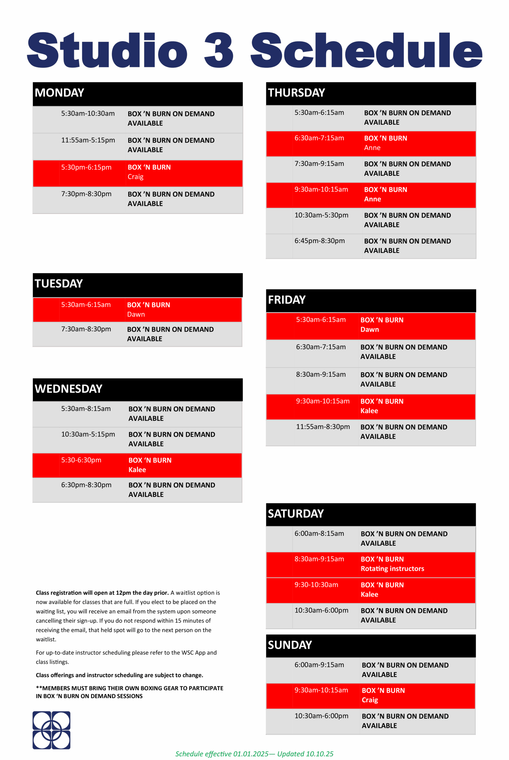 Wheaton Sport Center Studio 3 Fall 2025 Schedule