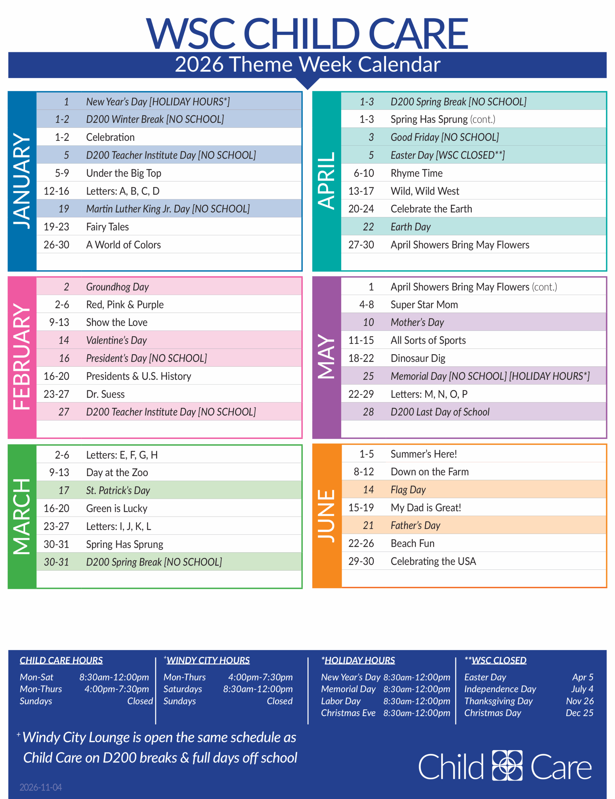 Wheaton Sport Center 2026 Child Care Theme Week Calendar Jan-June