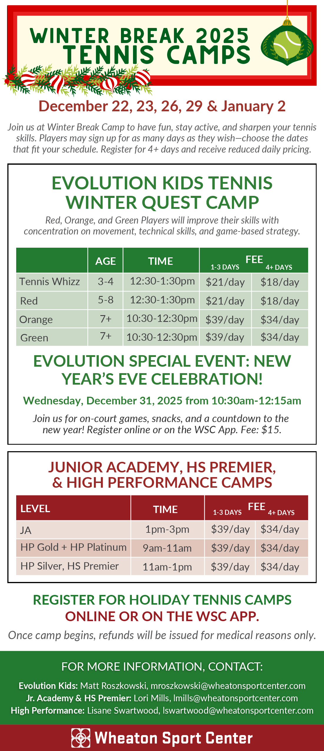 Wheaton Sport Center Tennis Winter Break Camps