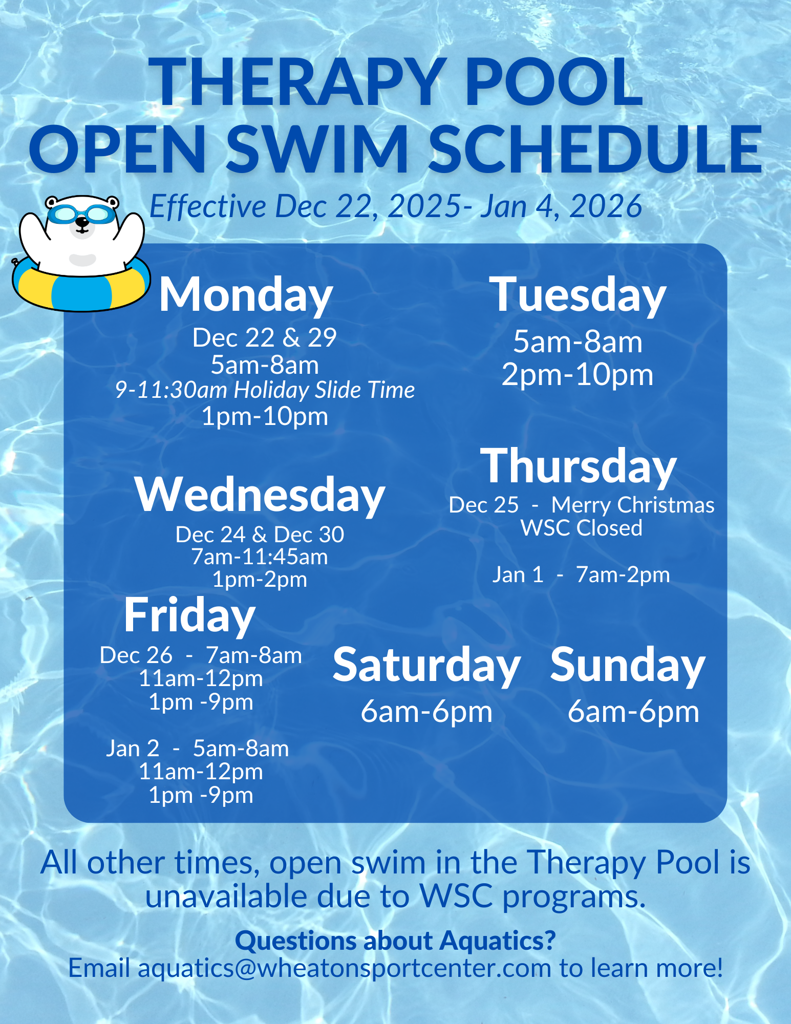 Wheaton Sport Center Winter Break Open Swim Slide Time Dec