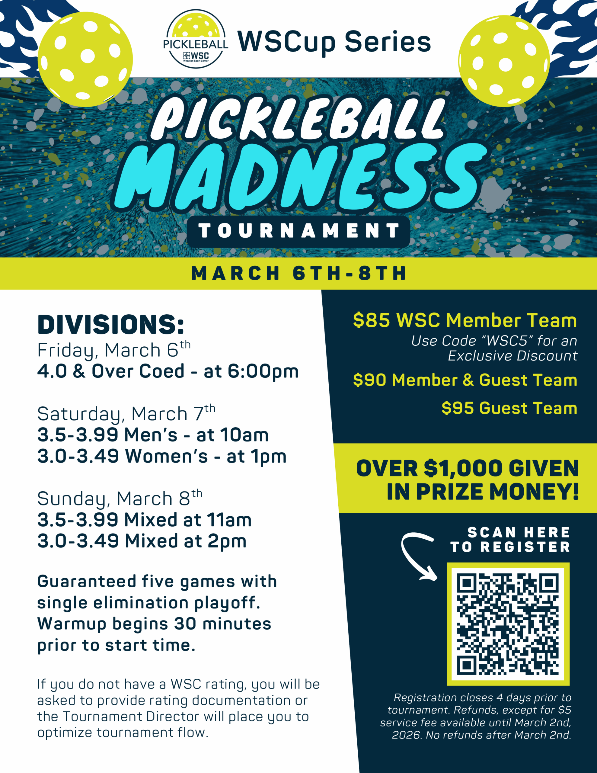 Wheaton Sport Center Pickleball Madness Tournament March 6-8