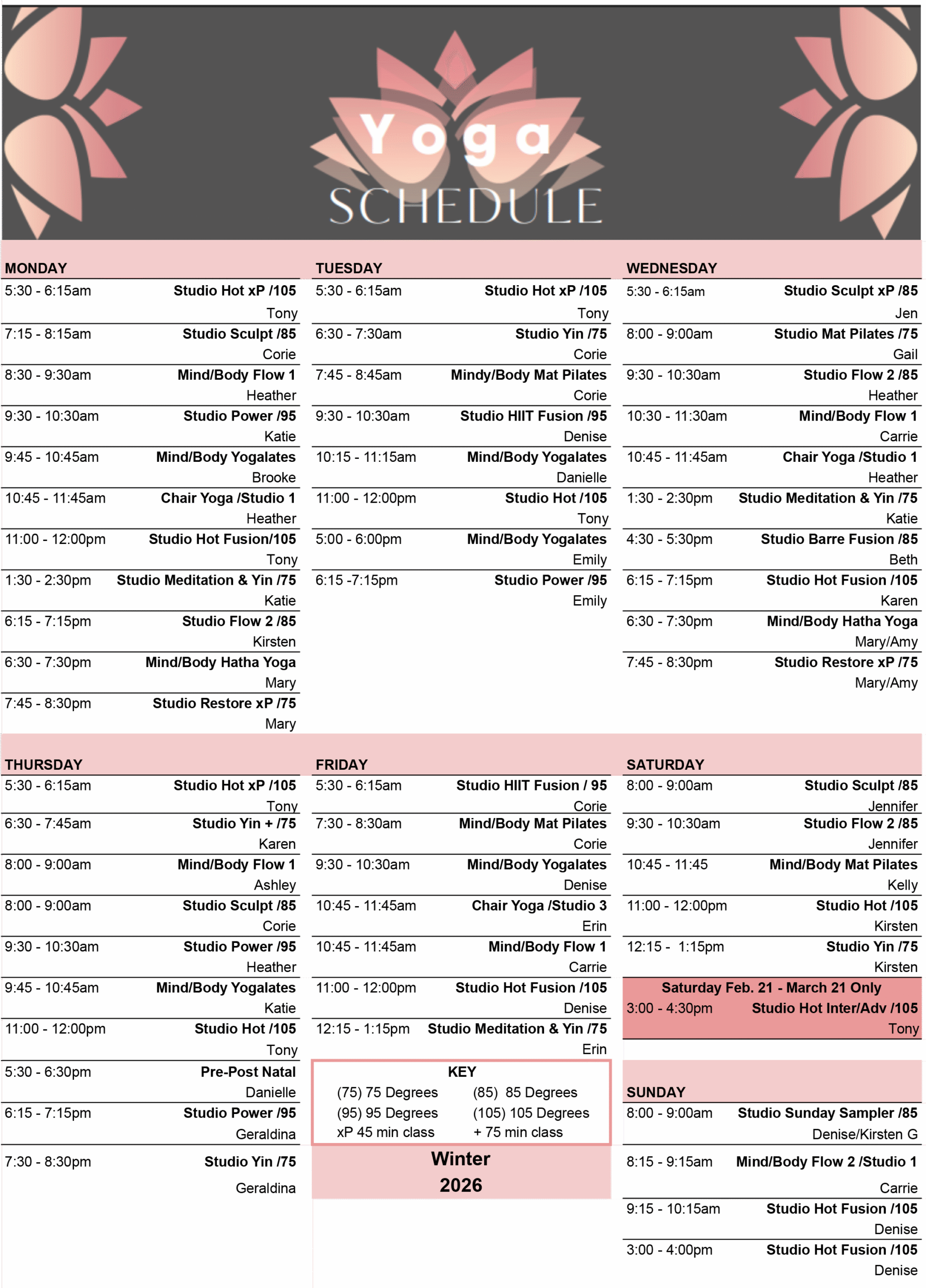 Wheaton Sport Center MindBody Yoga Schedule 2.6.26