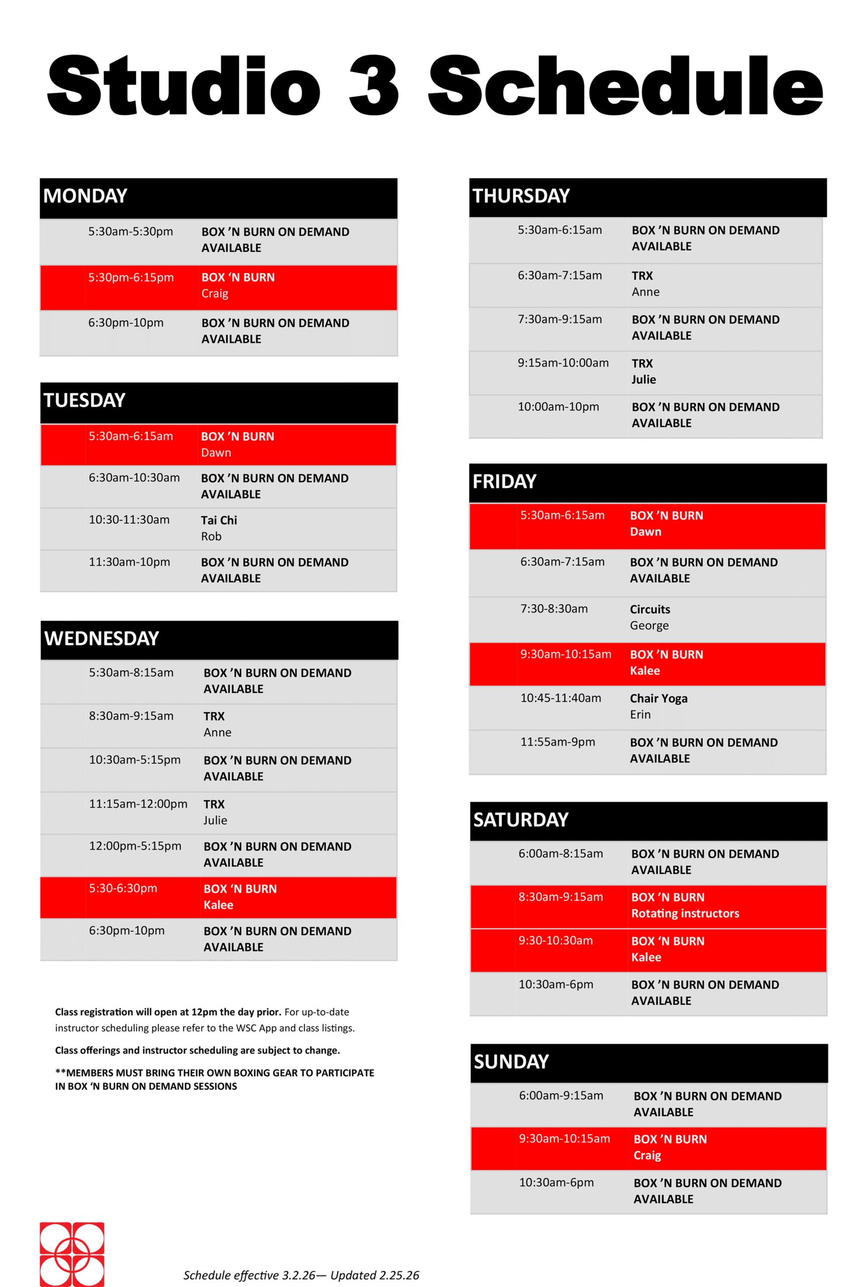 Wheaton Sport Center Studio 3 Schedule