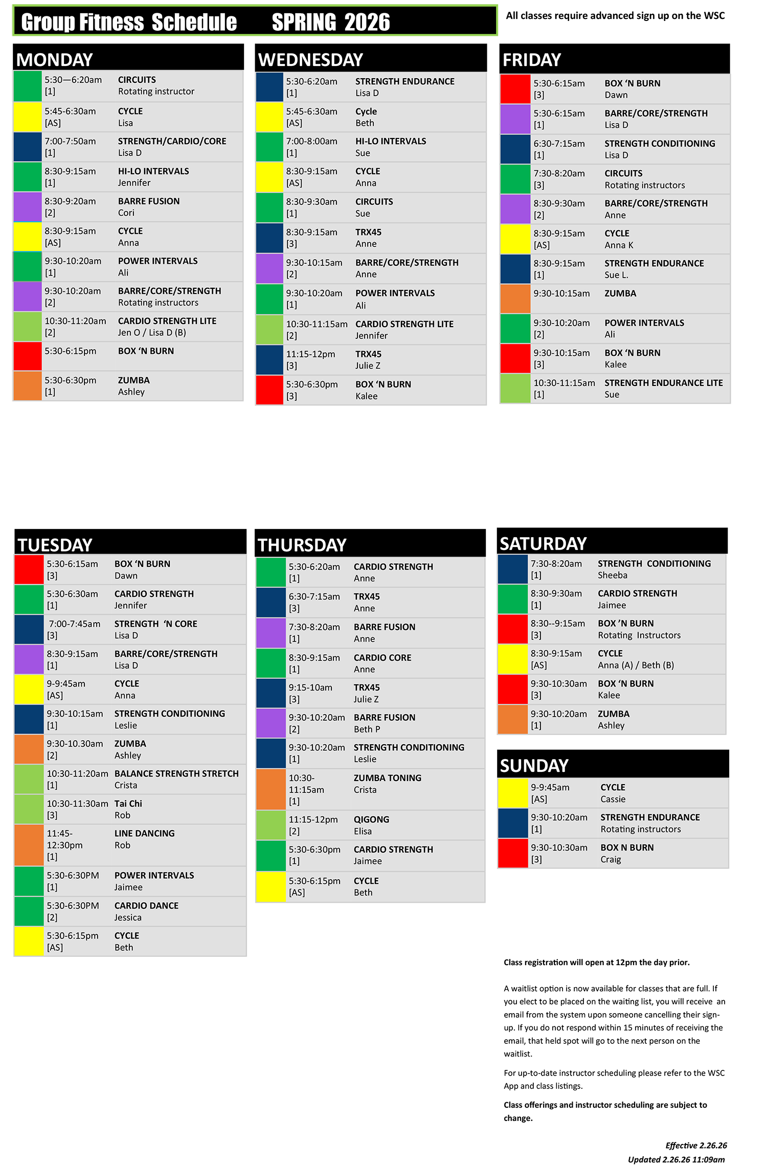 Wheaton Sport Center Group Fitness Spring 2026 Schedule