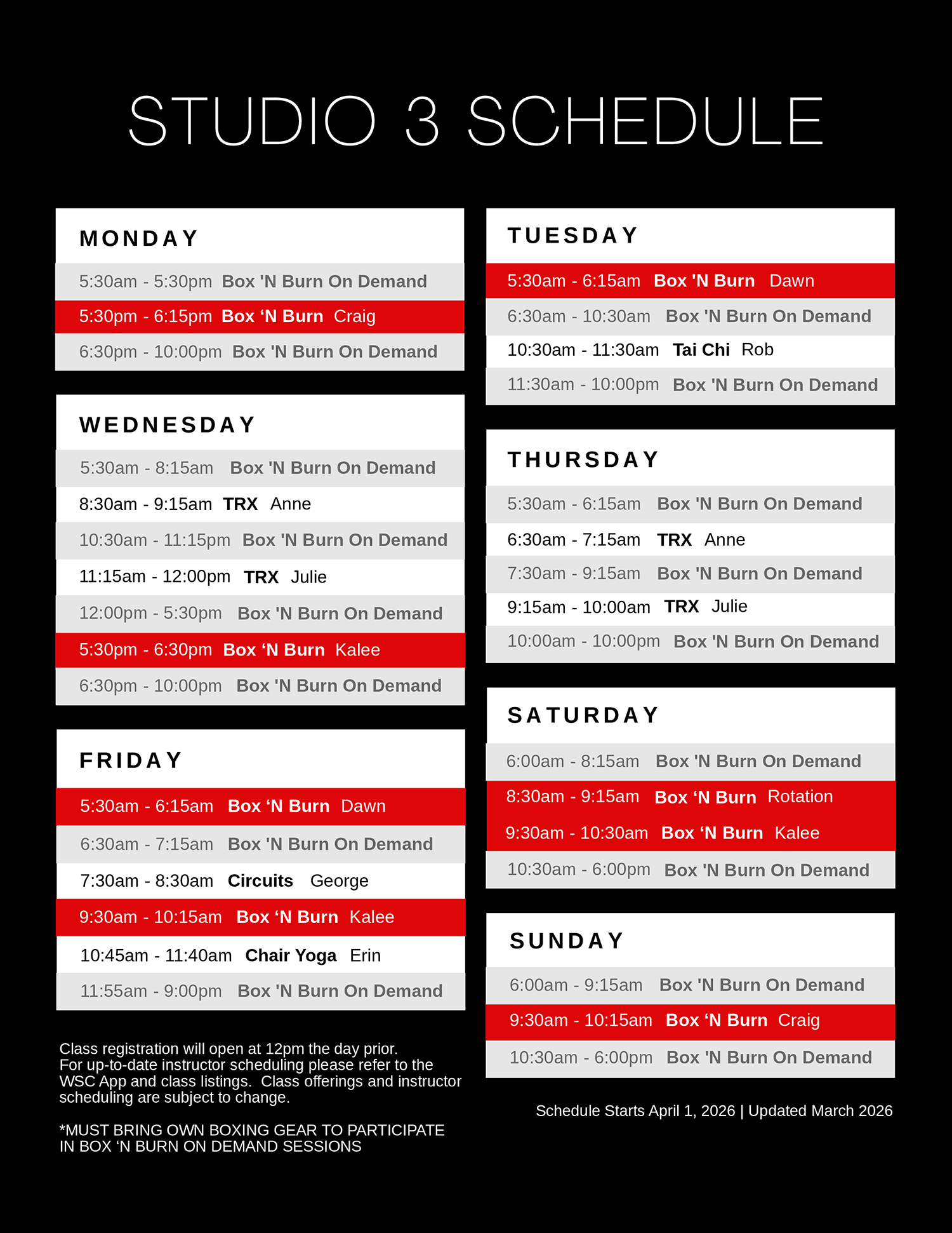 Wheaton Sport Center Studio 3 schedule 3.13