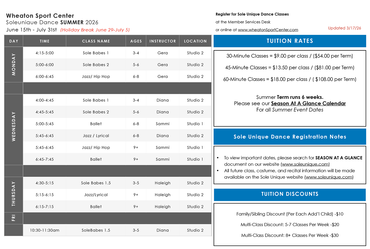 Wheaton Sport Center Summer 2026 SUDC Dance Classes 3.24