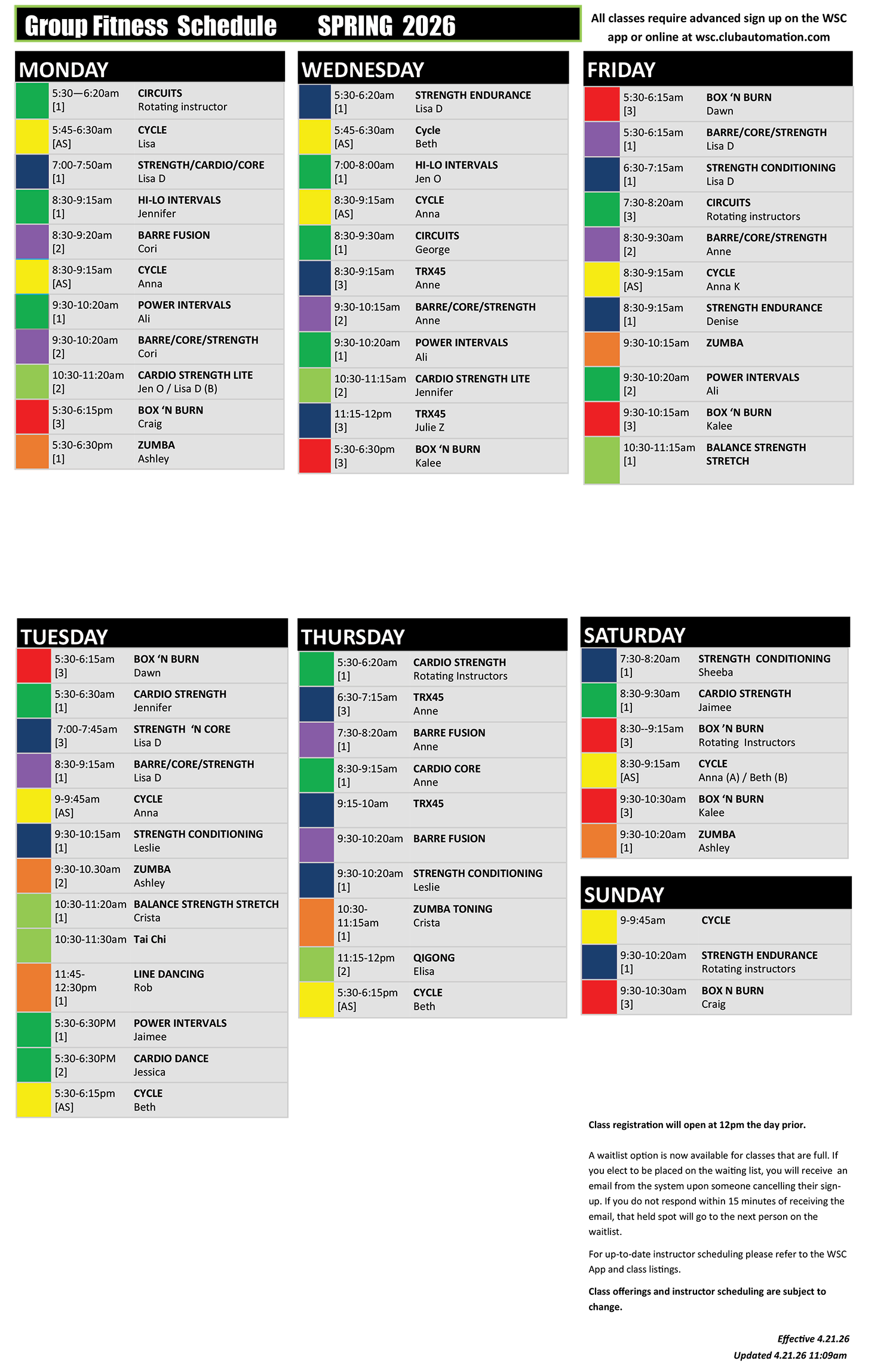Wheaton Sport Center 4.21 Group Fitness Spring 2026 Schedule