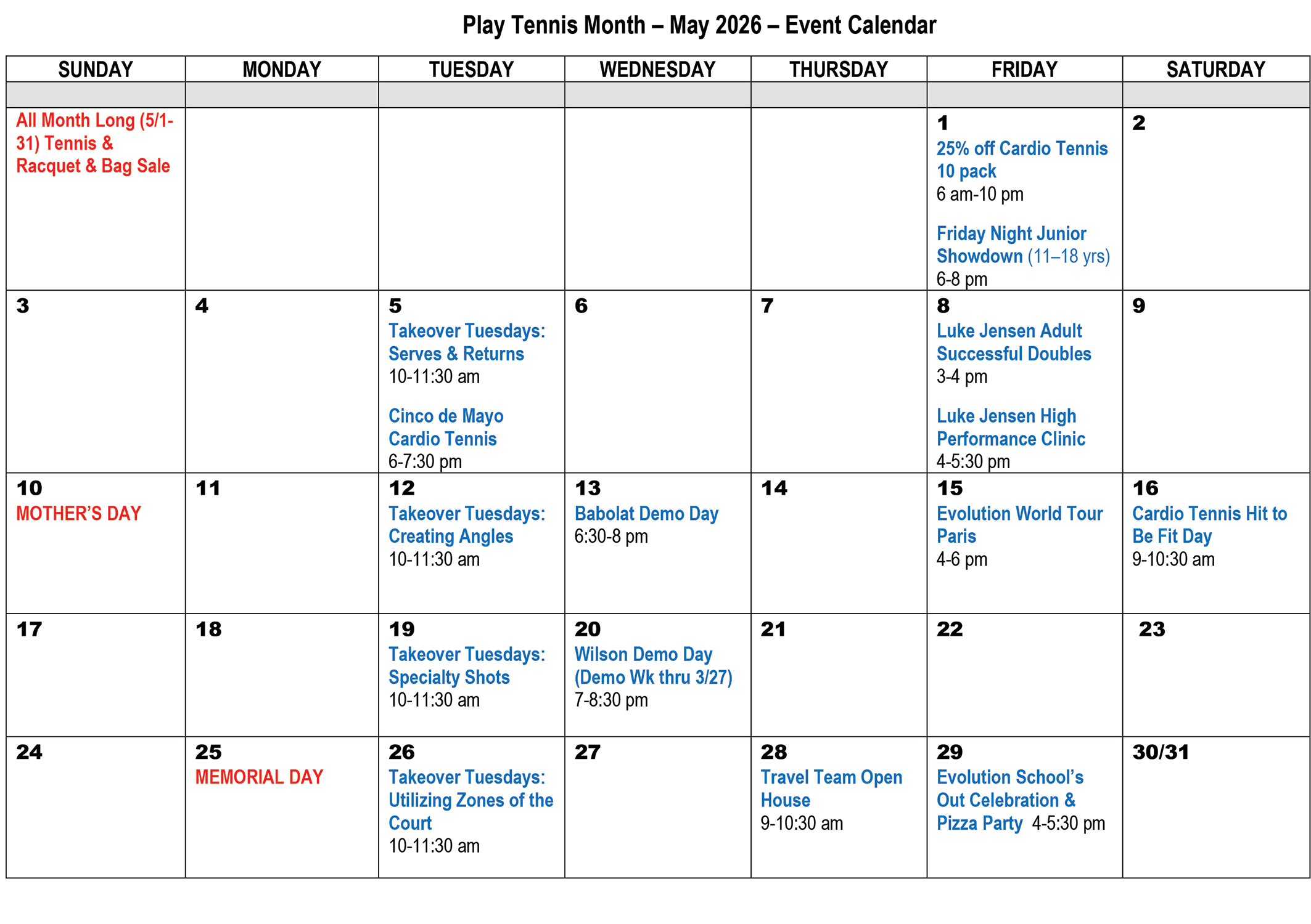 Wheaton Sport Center May is National Tennis Month Calendar