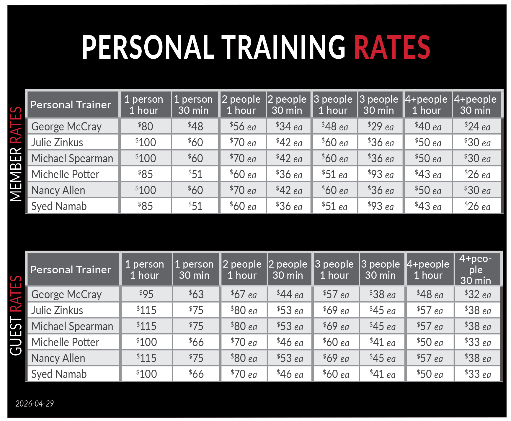 Wheaton Sport Center Personal Training Rate Card 12.9