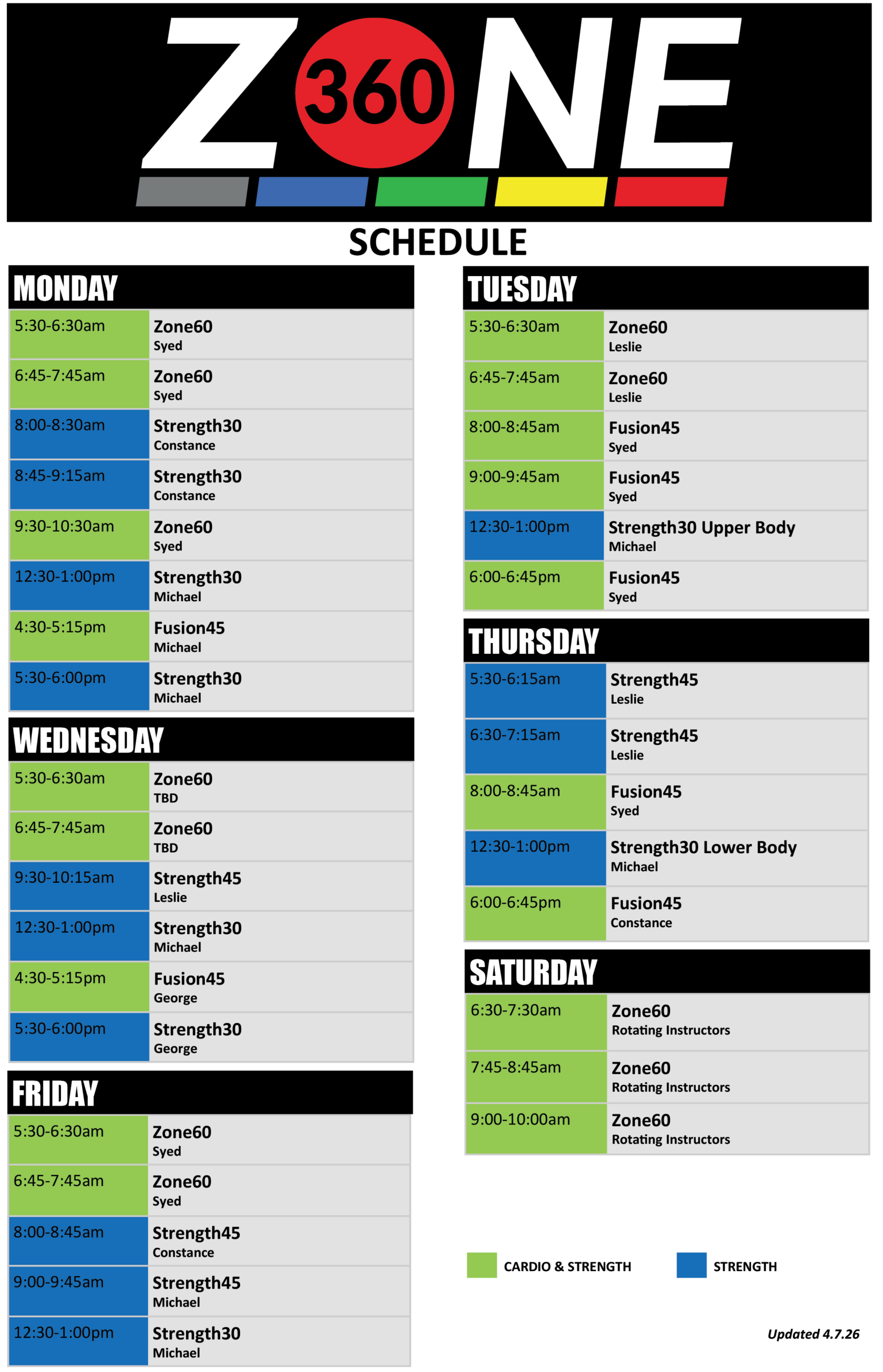 Wheaton Sport Center ZONE360 Schedule 2025 Spring 4.7.26