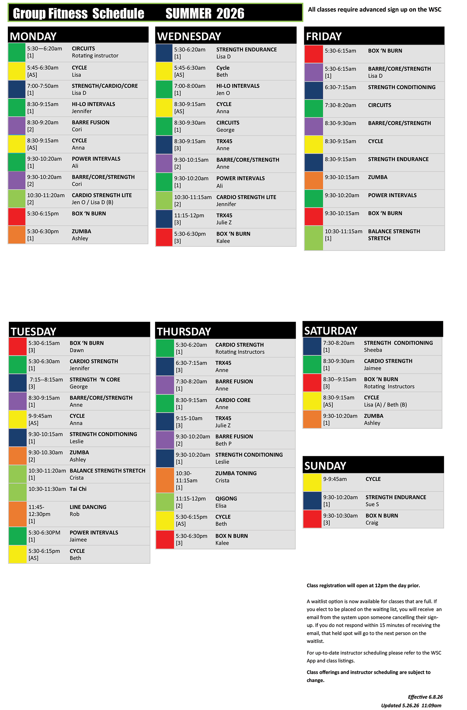 Wheaton Sport Center Group Fitness Summer 2026 Schedule