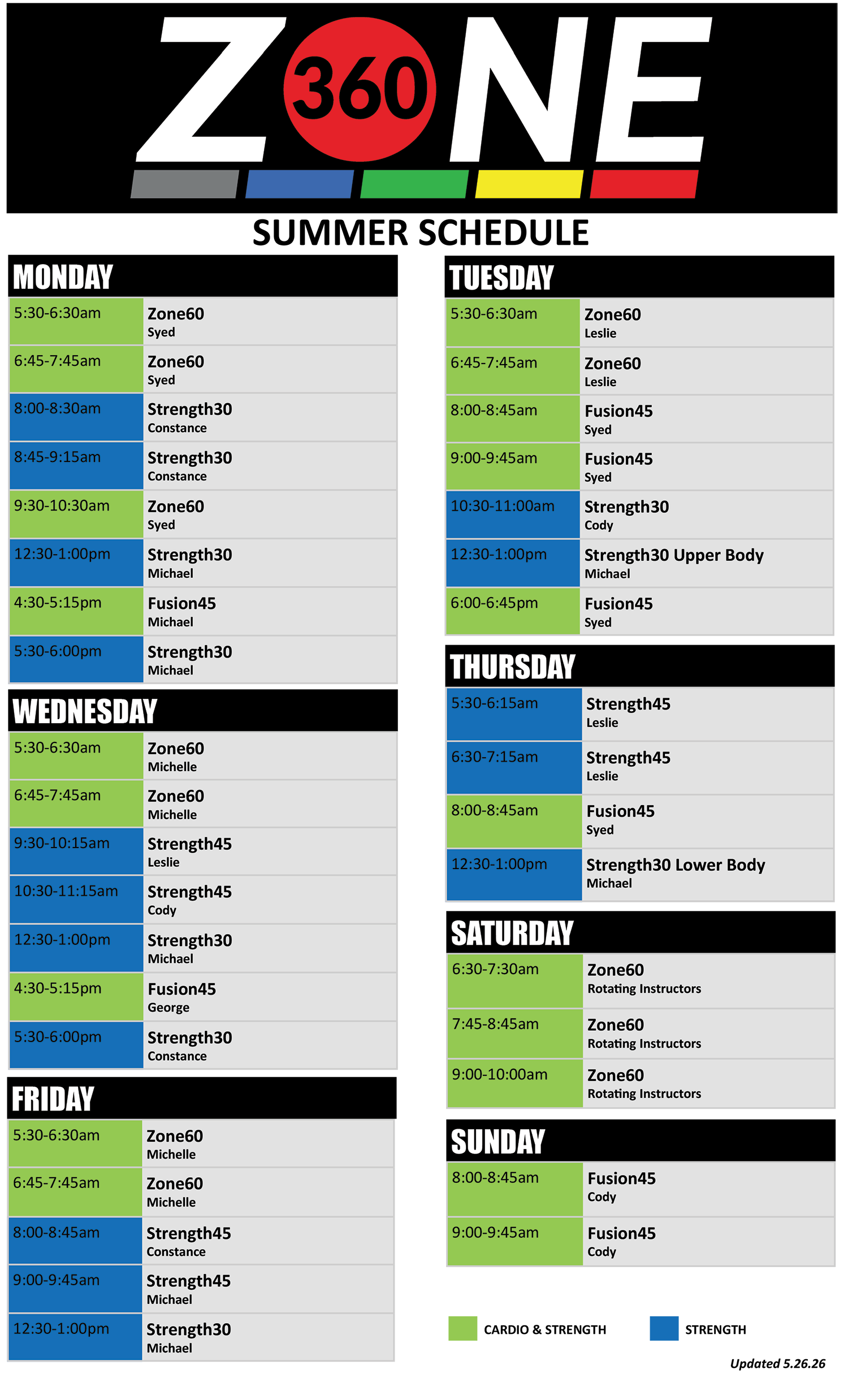 ZONE360 Schedule 2026 Summer