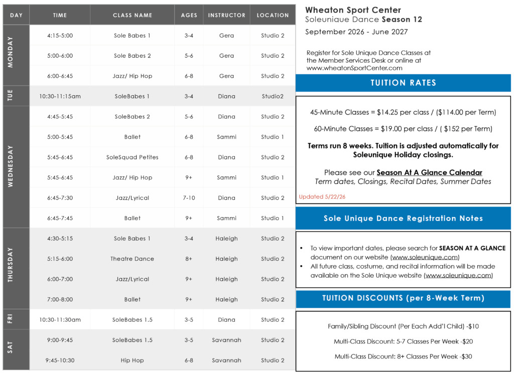 Wheaton Sport Center SUDC 2026-27 Class Schedule