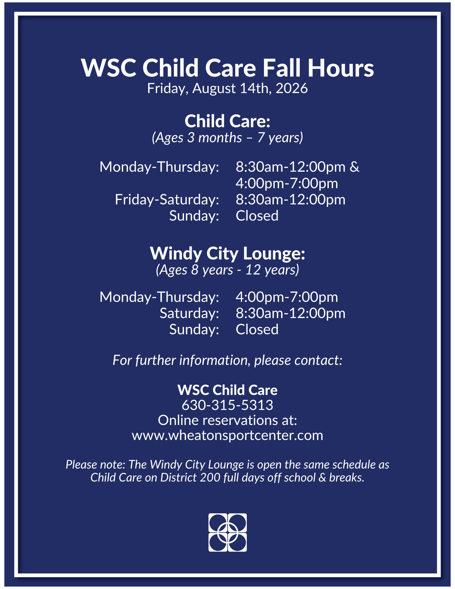 Wheaton Sport Center Child Care Fall hours Aug 14 2026
